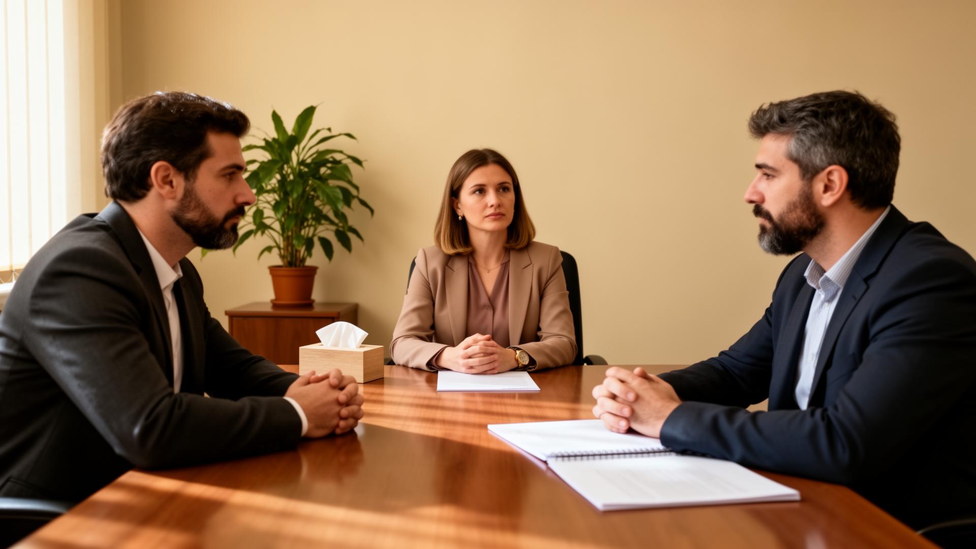 Postupak porodične medijacije — bivši partneri i medijator za stolom u kancelariji u Beogradu
